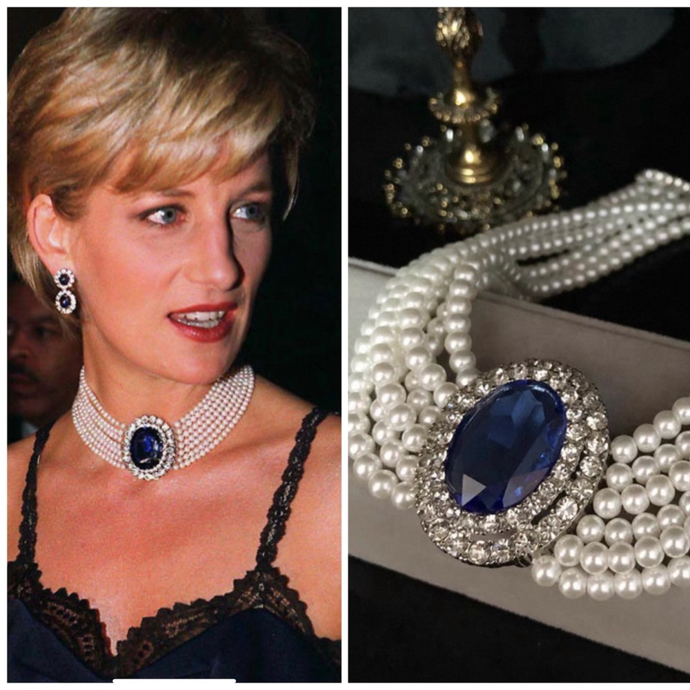 **Sapphire Blue Glass Pearl Choker with Cubic Zirconia Accents**
